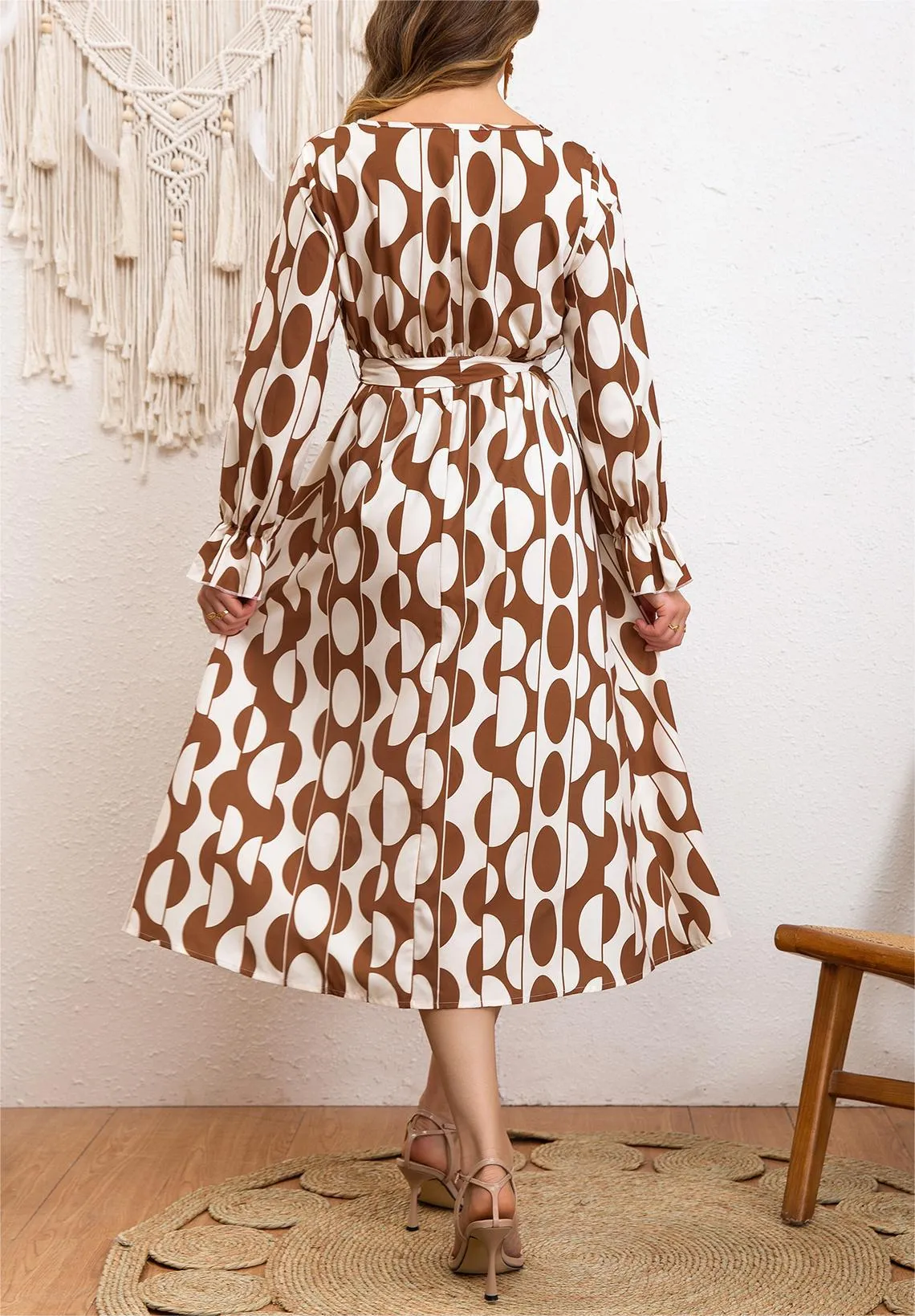 Boho Charm Geometric Print Lace-Up Lotus Sleeve Holiday Dress