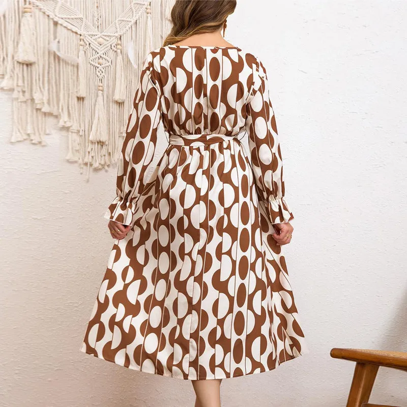 Boho Charm Geometric Print Lace-Up Lotus Sleeve Holiday Dress