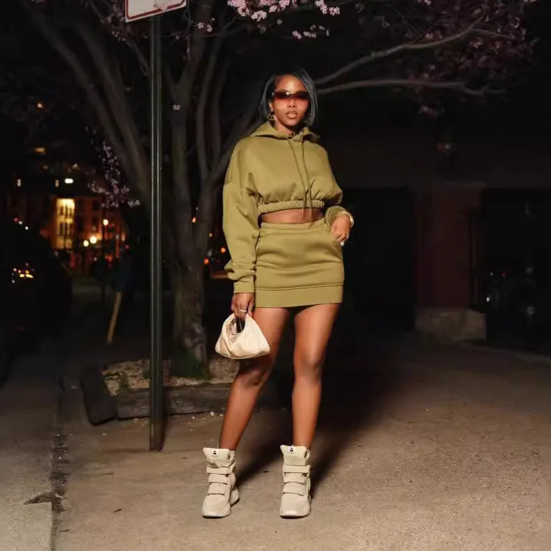 Bold Long Sleeve Cropped Hoodie and Skirt Casual Two-Piece Set