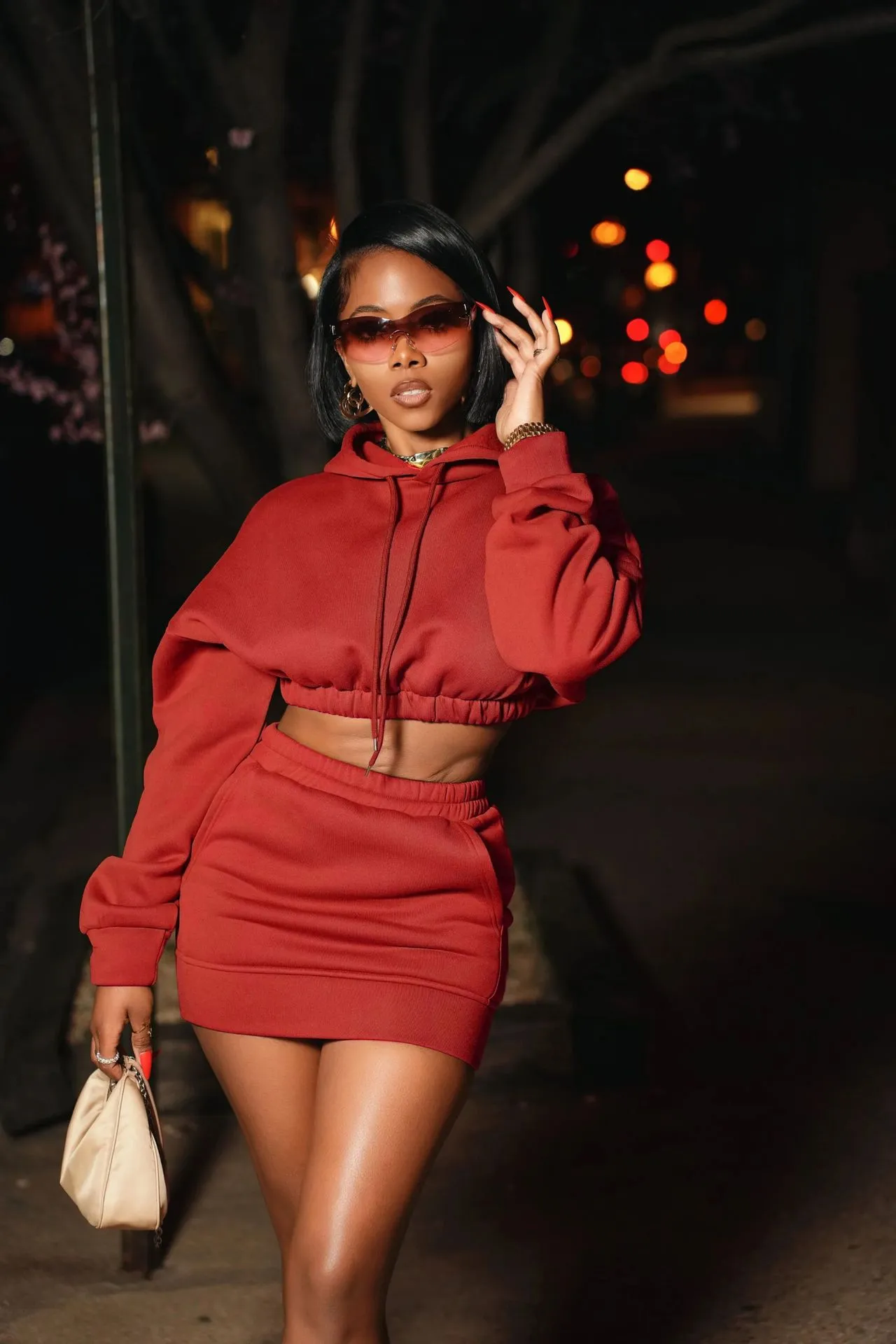 Bold Long Sleeve Cropped Hoodie and Skirt Casual Two-Piece Set