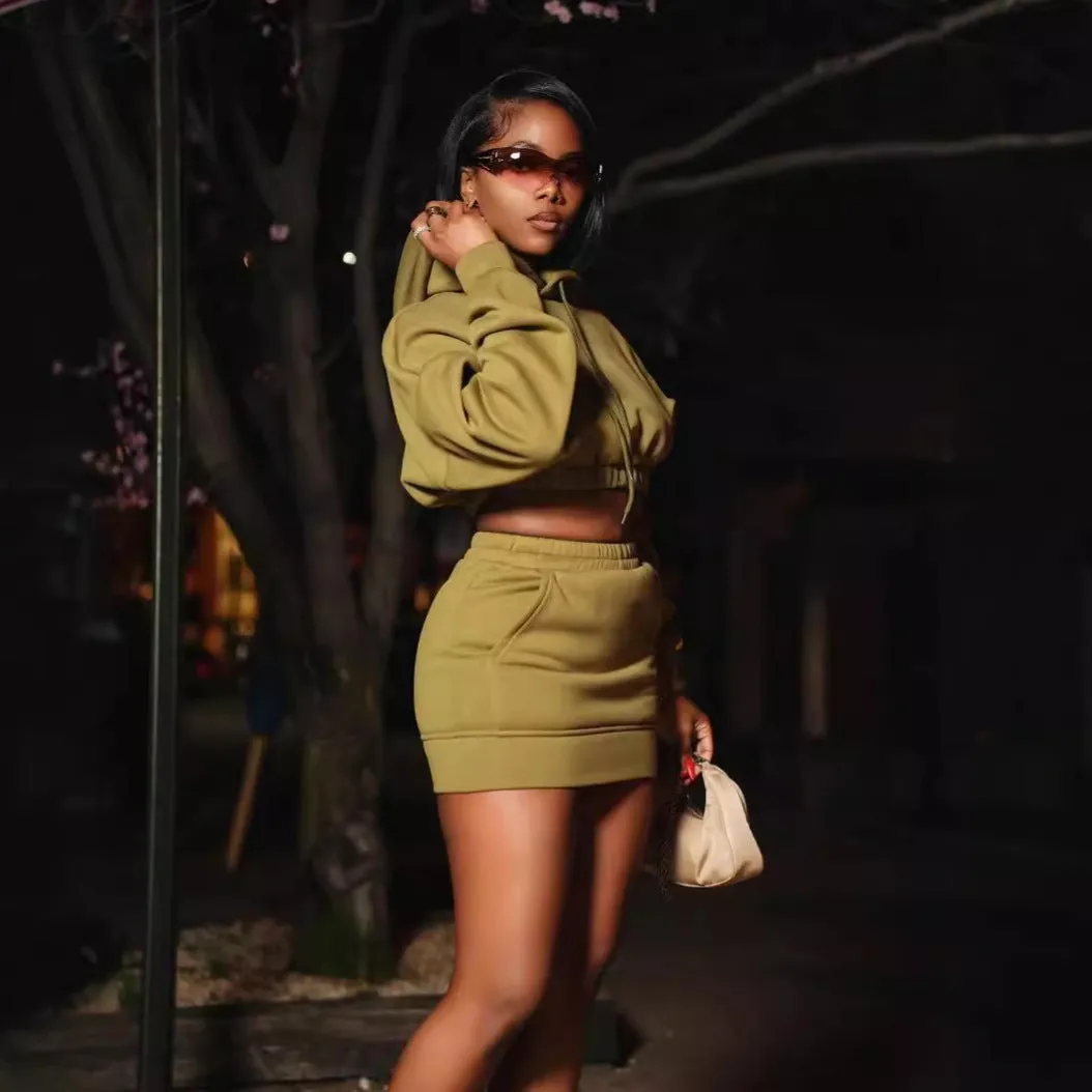 Bold Long Sleeve Cropped Hoodie and Skirt Casual Two-Piece Set