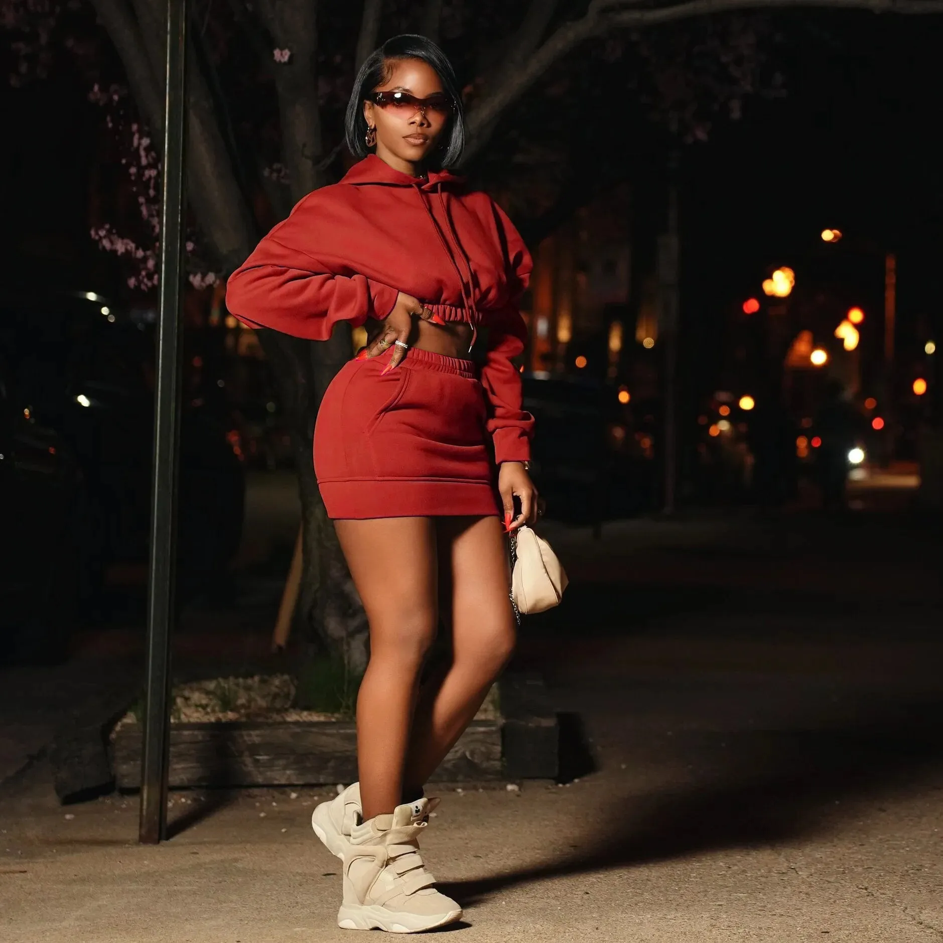 Bold Long Sleeve Cropped Hoodie and Skirt Casual Two-Piece Set