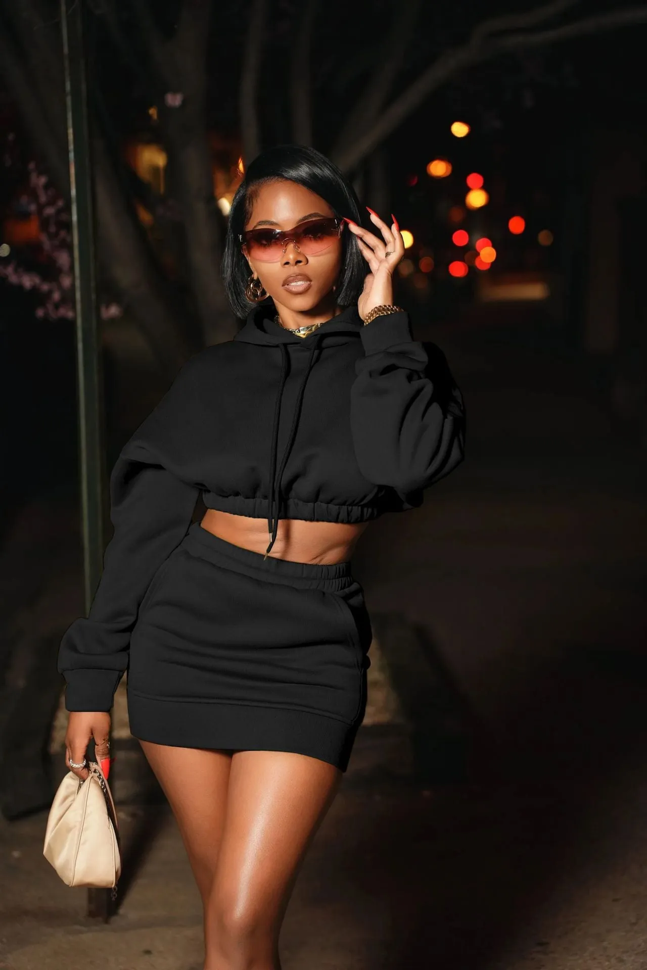 Bold Long Sleeve Cropped Hoodie and Skirt Casual Two-Piece Set