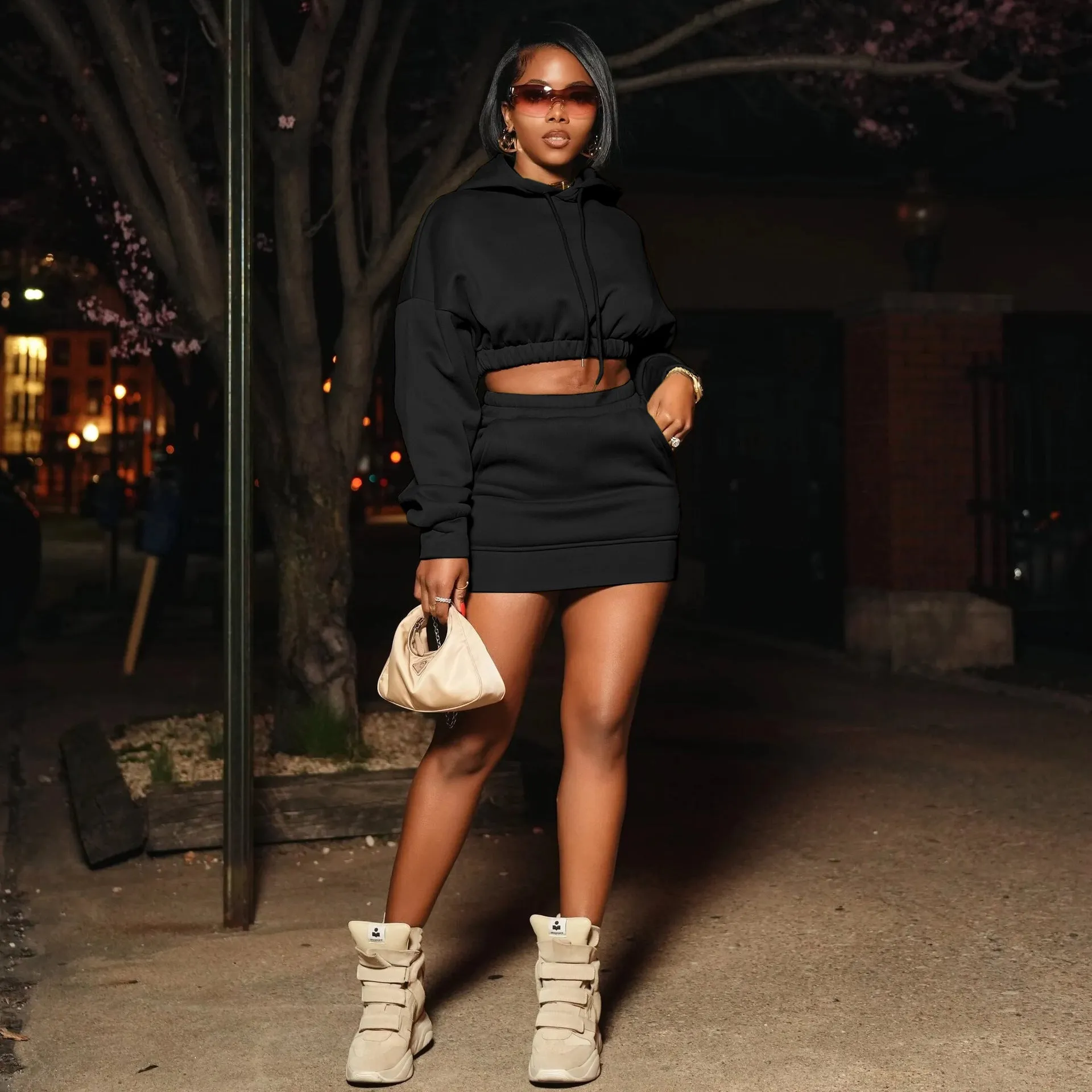 Bold Long Sleeve Cropped Hoodie and Skirt Casual Two-Piece Set