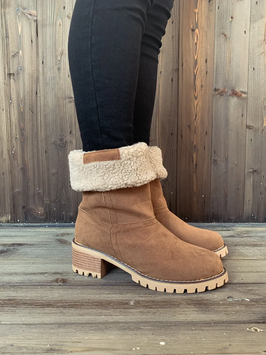 Brown Plush-Lined Fold-Over Boot