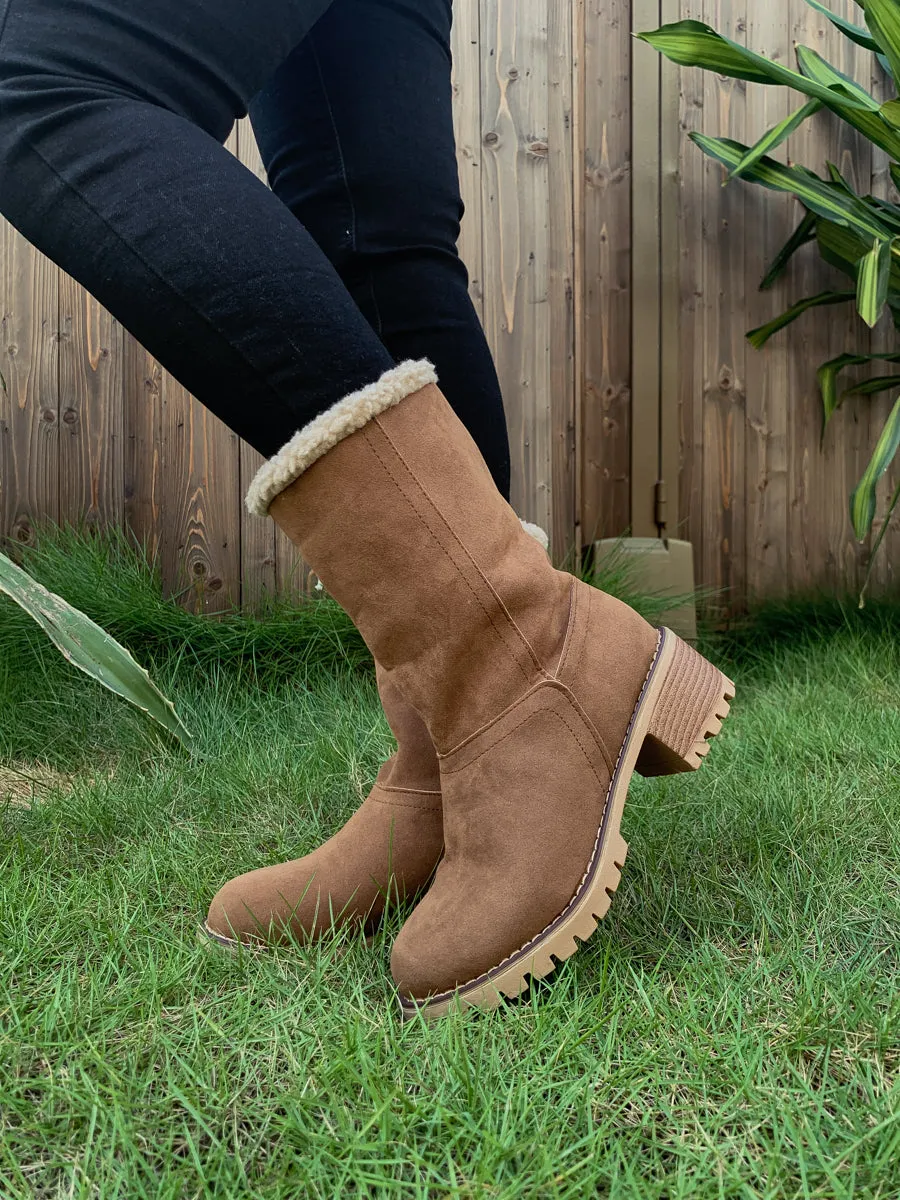 Brown Plush-Lined Fold-Over Boot