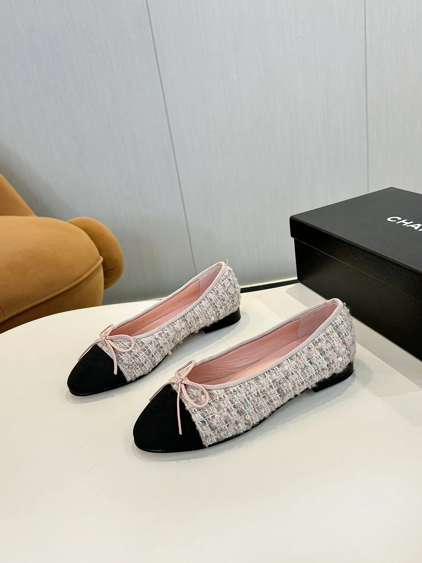 cc 25c ballet flat pink white tweed black grosgrain 233622