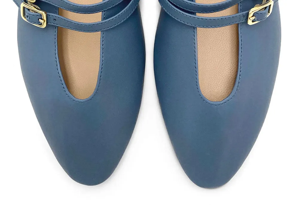 Cerulean Blue Leather Ballet Flats with V-Cut and Straps