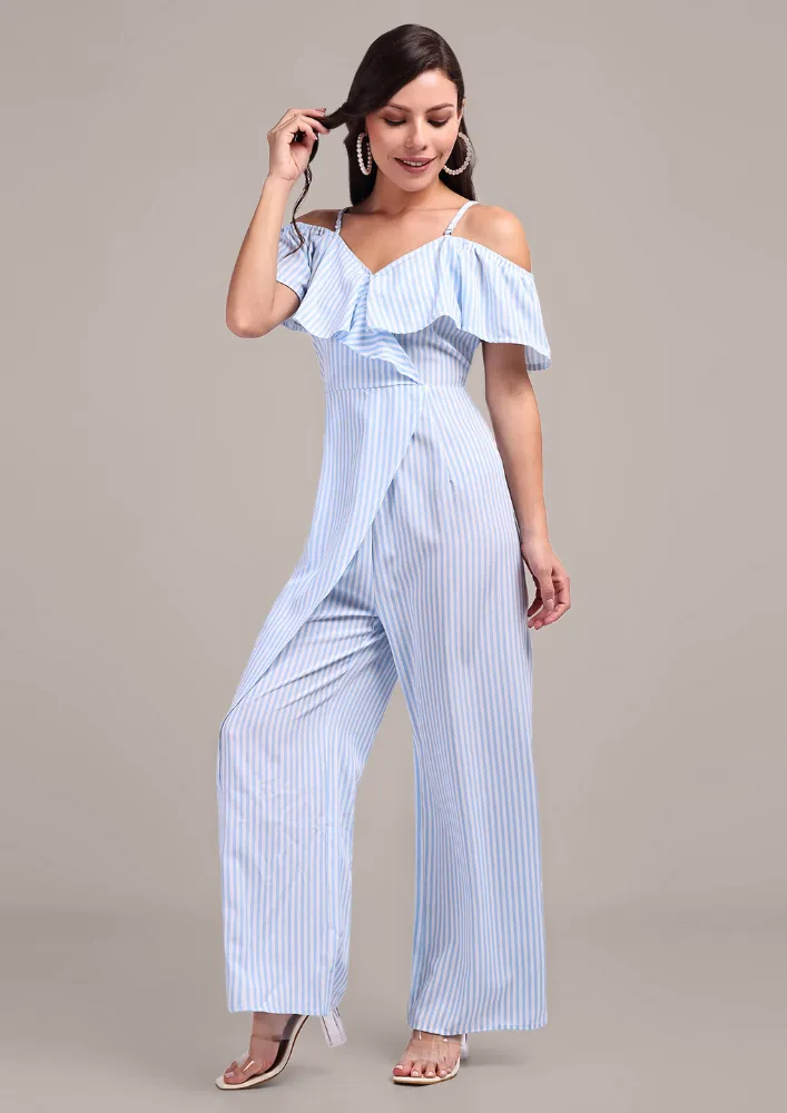 Chic Blue Stripe Off-Shoulder Jumpsuit