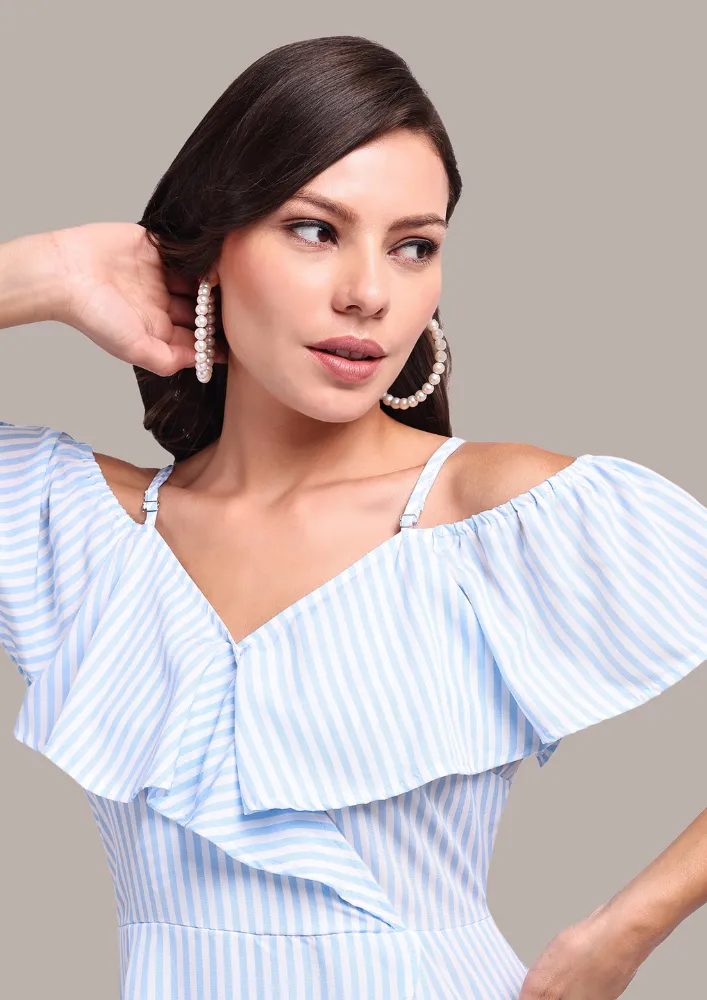 Chic Blue Stripe Off-Shoulder Jumpsuit