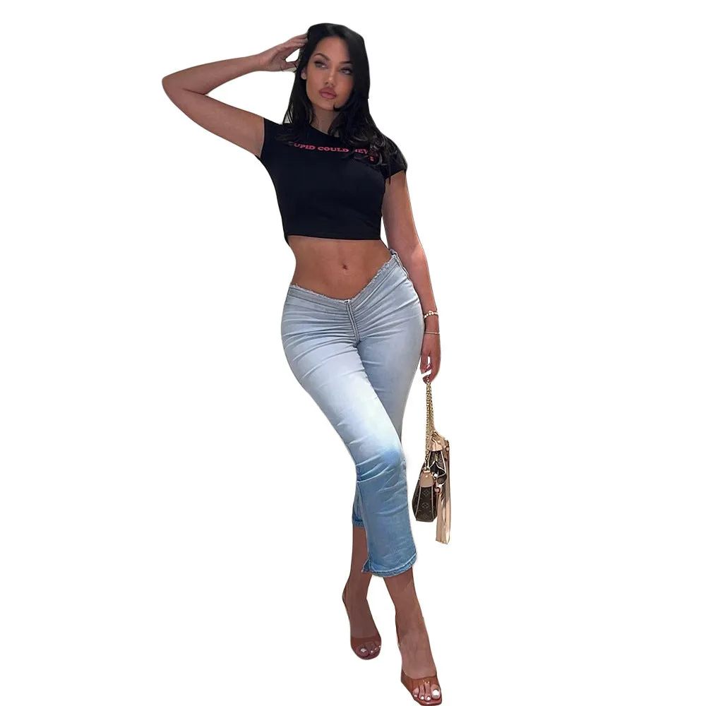 Chic Pleated Split Hem Denim Jeans
