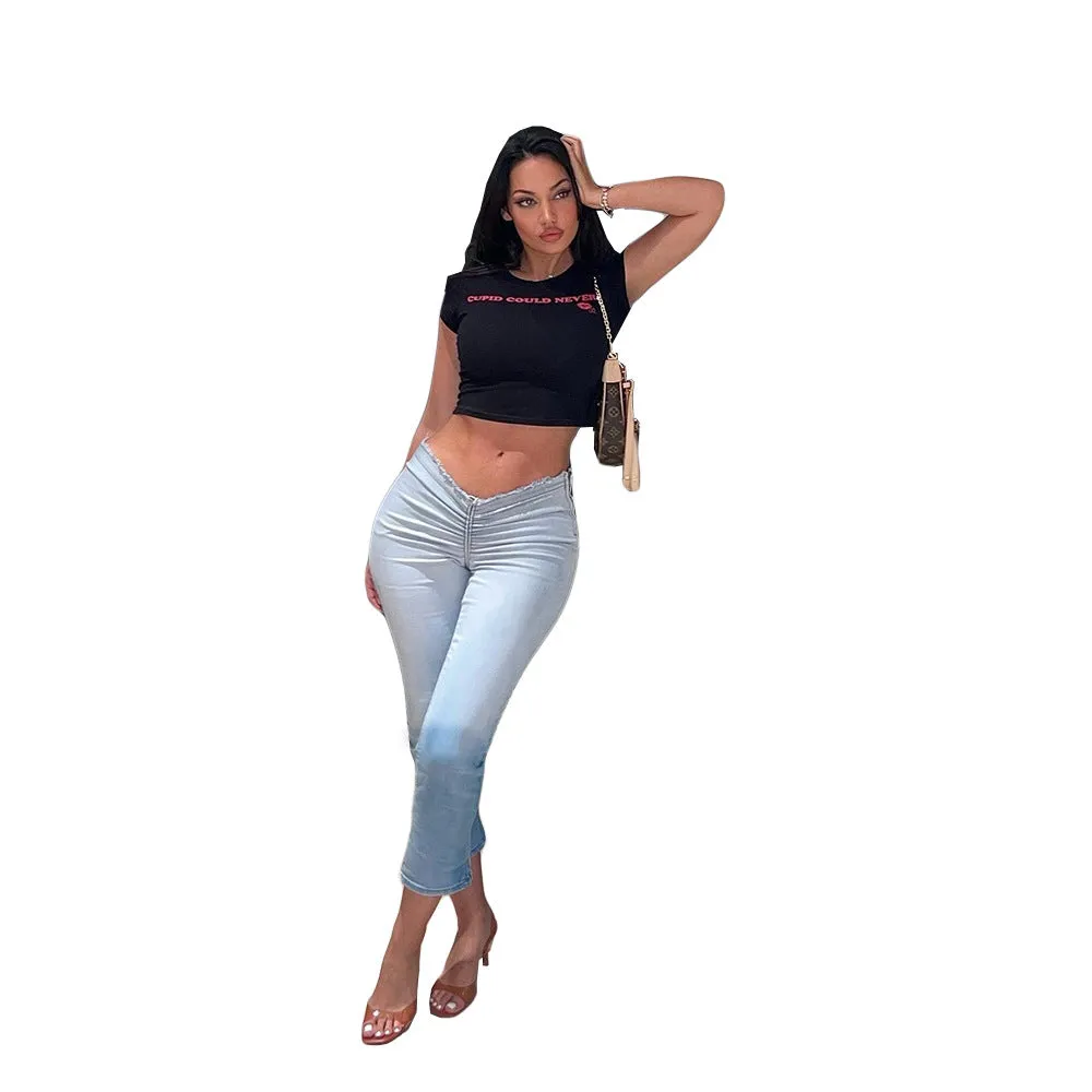 Chic Pleated Split Hem Denim Jeans