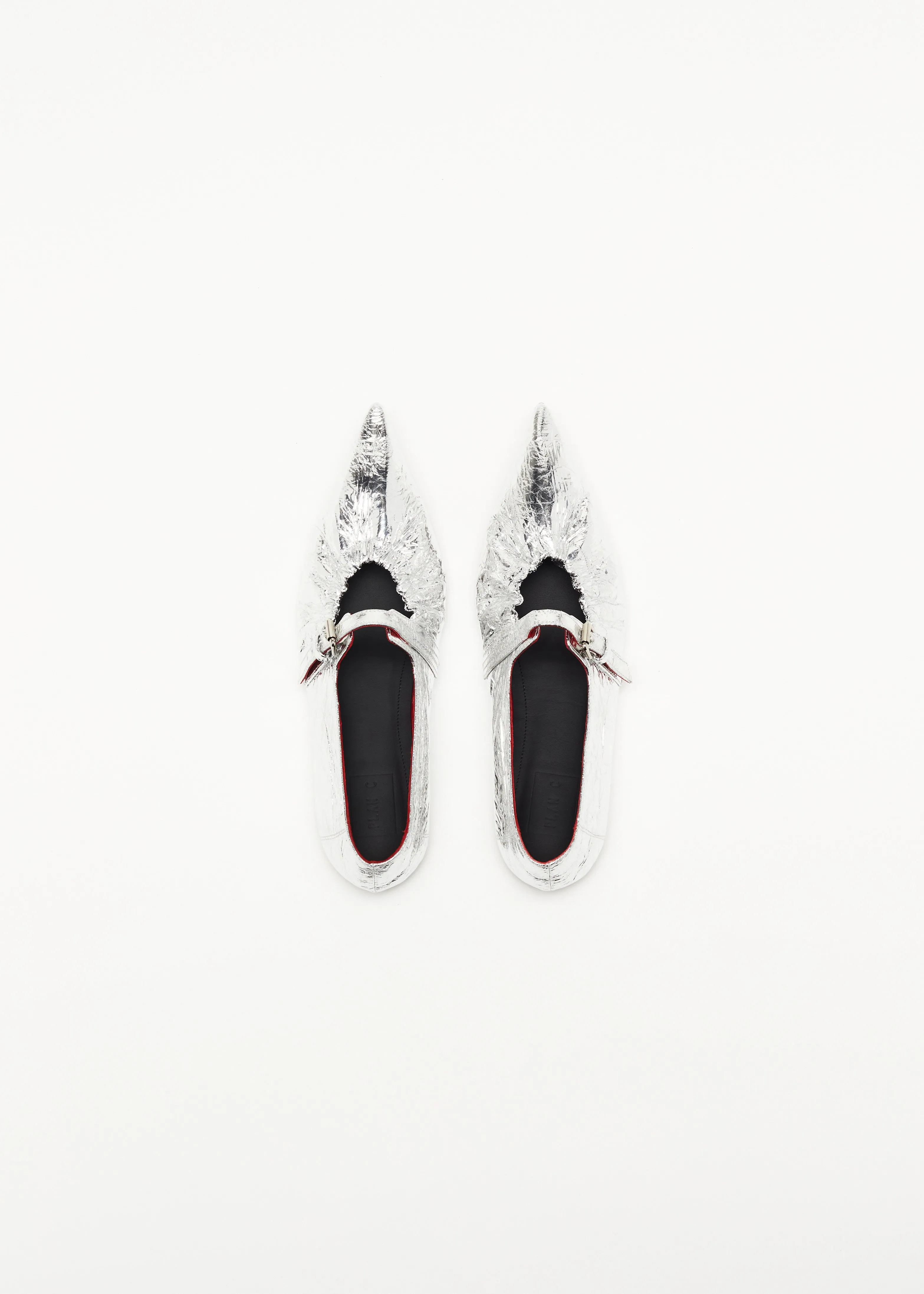 CRINKLED SILVER LEATHER POINTED BALLERINA