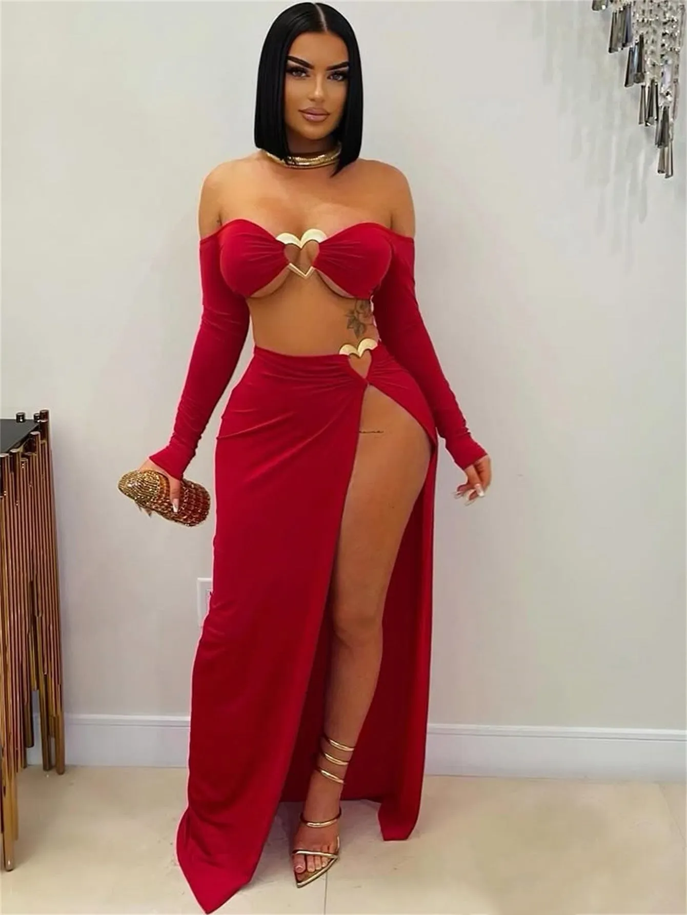 Daring Off-Shoulder Heart Detail Crop Top and High-Slit Maxi Skirt Set for Ultimate Glamour