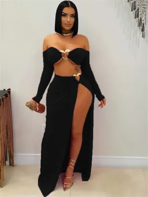 Daring Off-Shoulder Heart Detail Crop Top and High-Slit Maxi Skirt Set for Ultimate Glamour