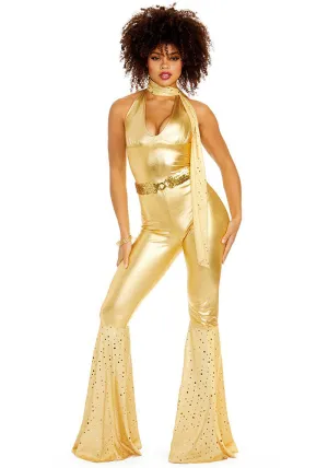 Dazzling Gold Disco Jumpsuit with Flared Legs and Scarf