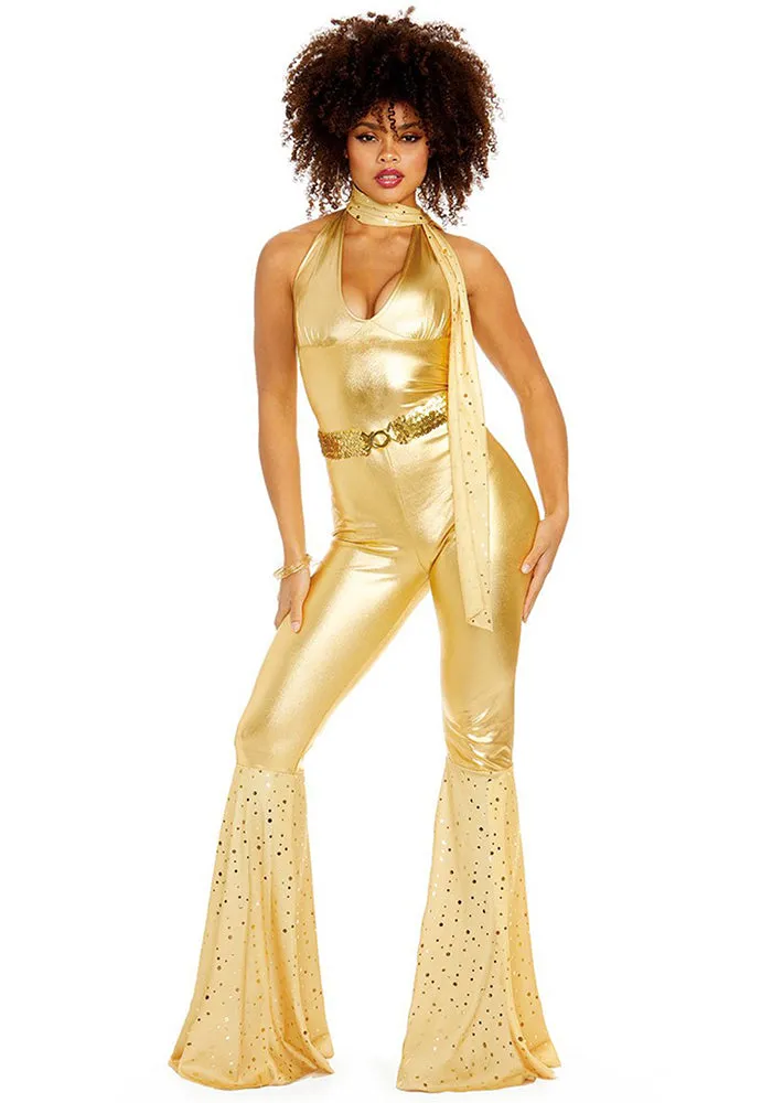 Dazzling Gold Disco Jumpsuit with Flared Legs and Scarf