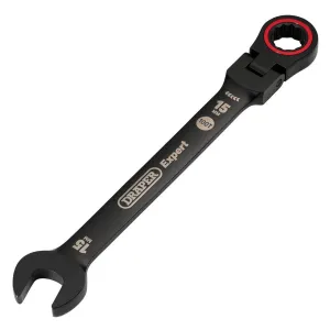 Draper Tools Expert HI-TORQ® Metric Flexible Head Ratchet Combination Spanner, 15mm, Black