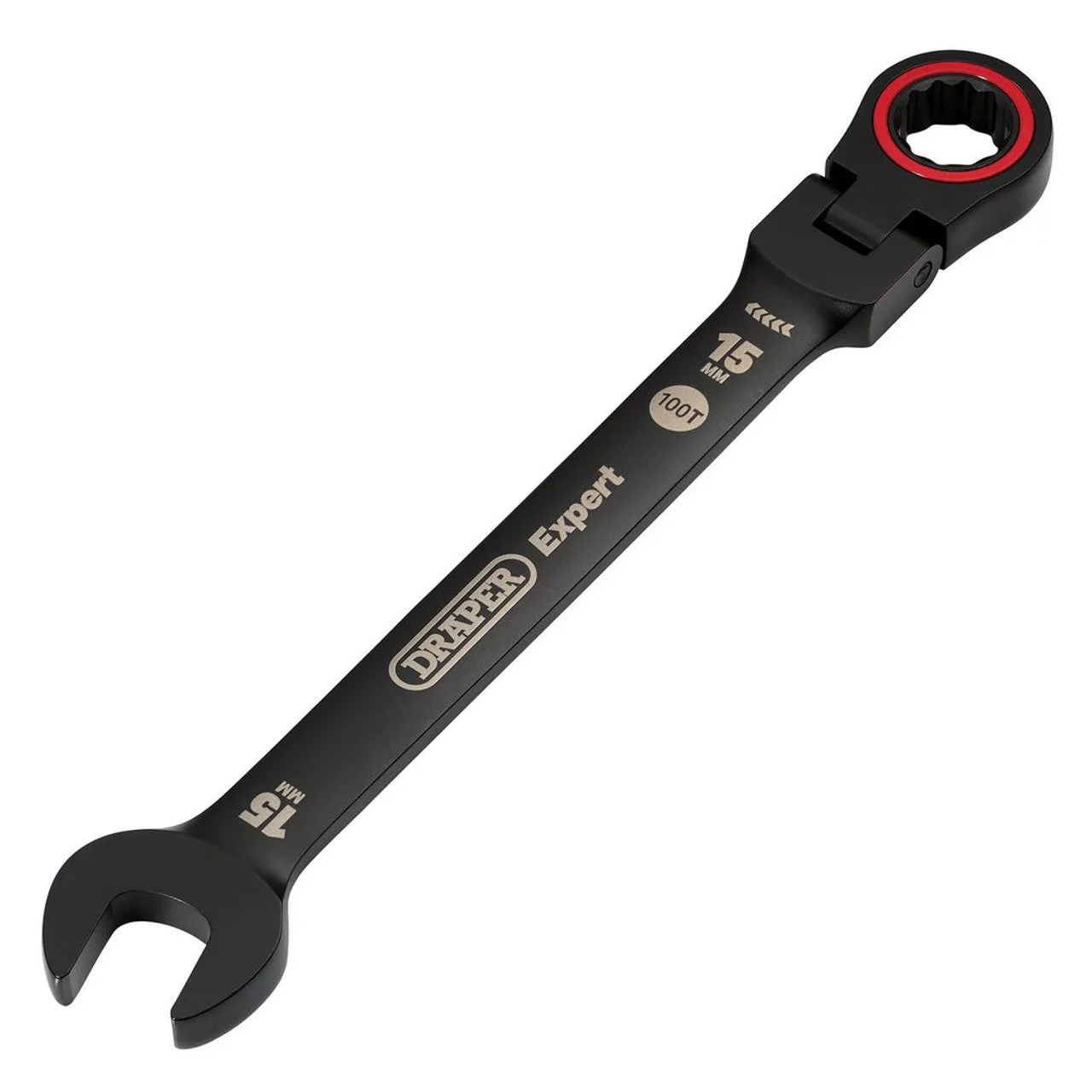 Draper Tools Expert HI-TORQ® Metric Flexible Head Ratchet Combination Spanner, 15mm, Black
