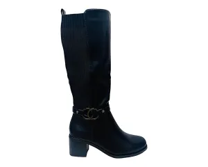 Faux Leather Block Heel Knee High Boots