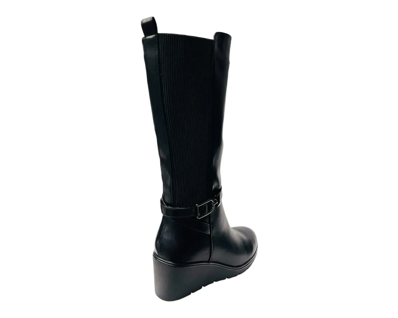 Faux Leather Calf High Stretch Wedge Heel Boots