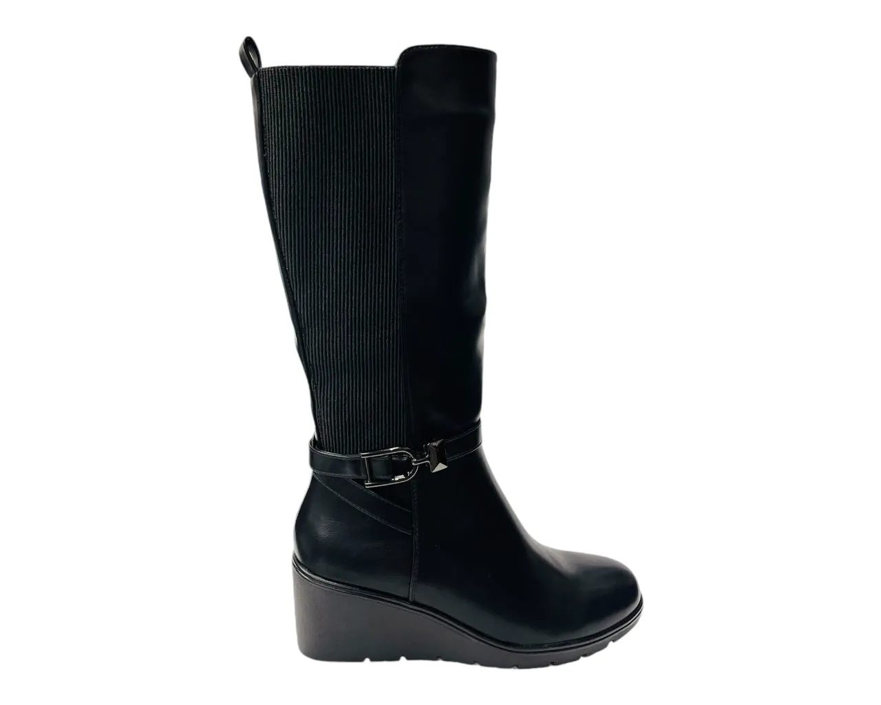 Faux Leather Calf High Stretch Wedge Heel Boots