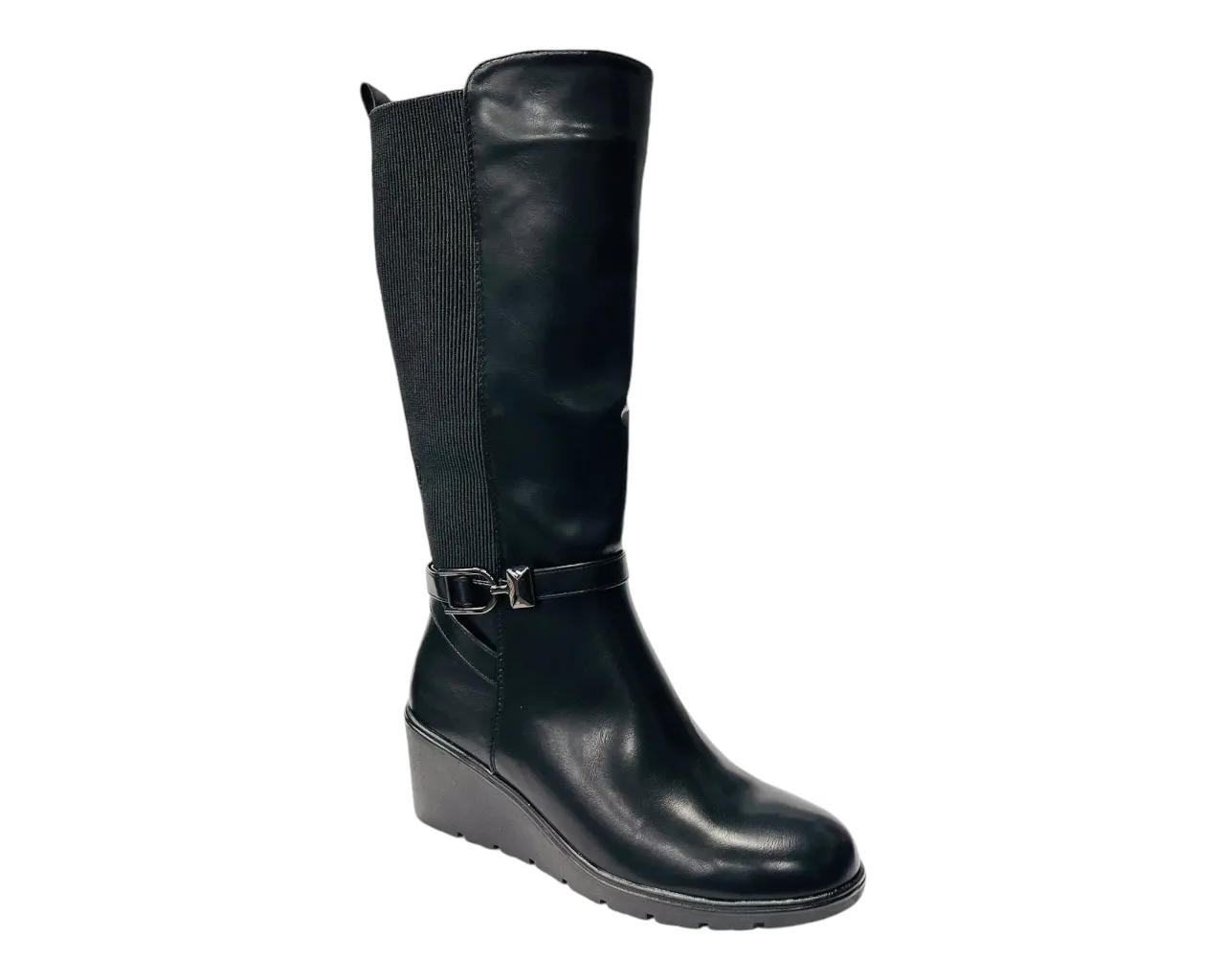 Faux Leather Calf High Stretch Wedge Heel Boots