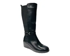 Faux Leather Calf High Stretch Wedge Heel Boots