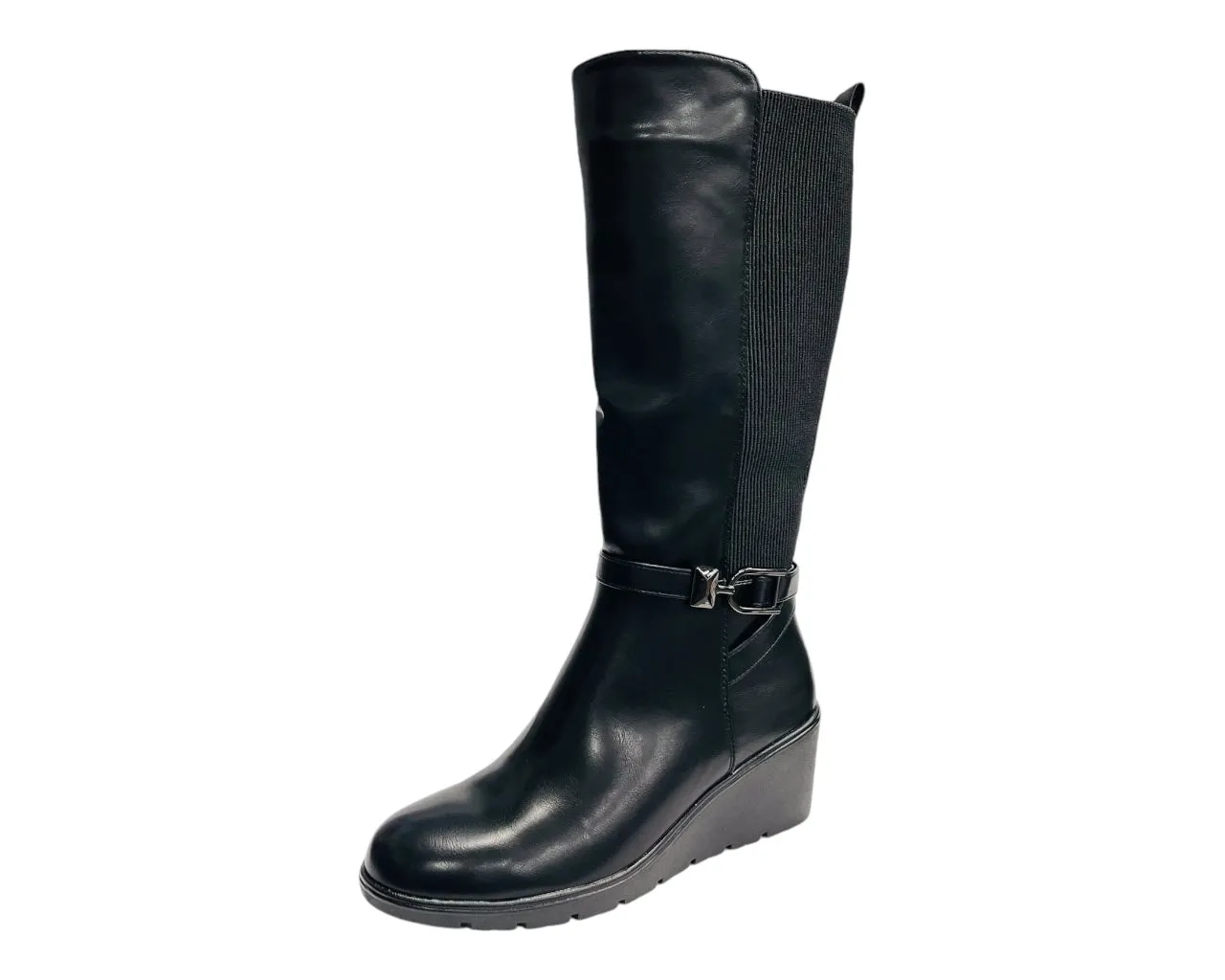 Faux Leather Calf High Stretch Wedge Heel Boots