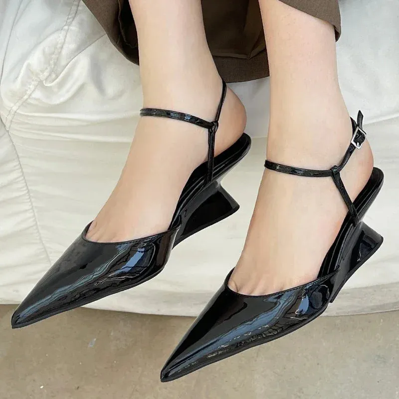 Female Footwear New In Wedges Heels Sandals Shoes For Women Ankle Buckle Strap Fashion Pointed Toe Ladies Medium Heels Shoes