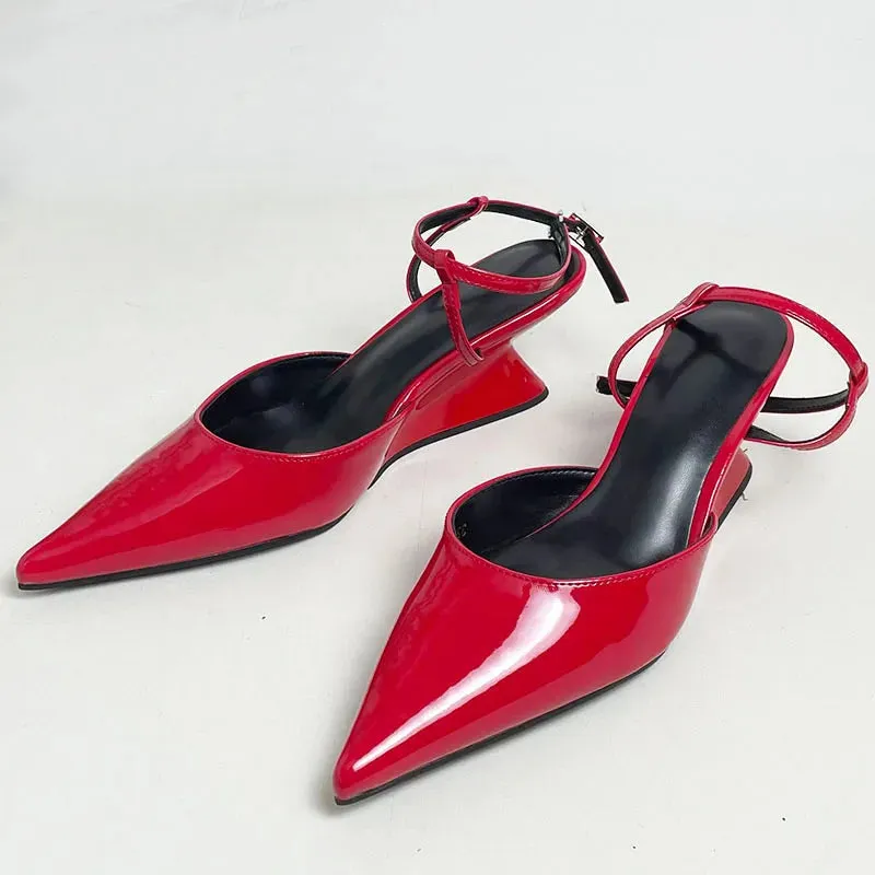 Female Footwear New In Wedges Heels Sandals Shoes For Women Ankle Buckle Strap Fashion Pointed Toe Ladies Medium Heels Shoes