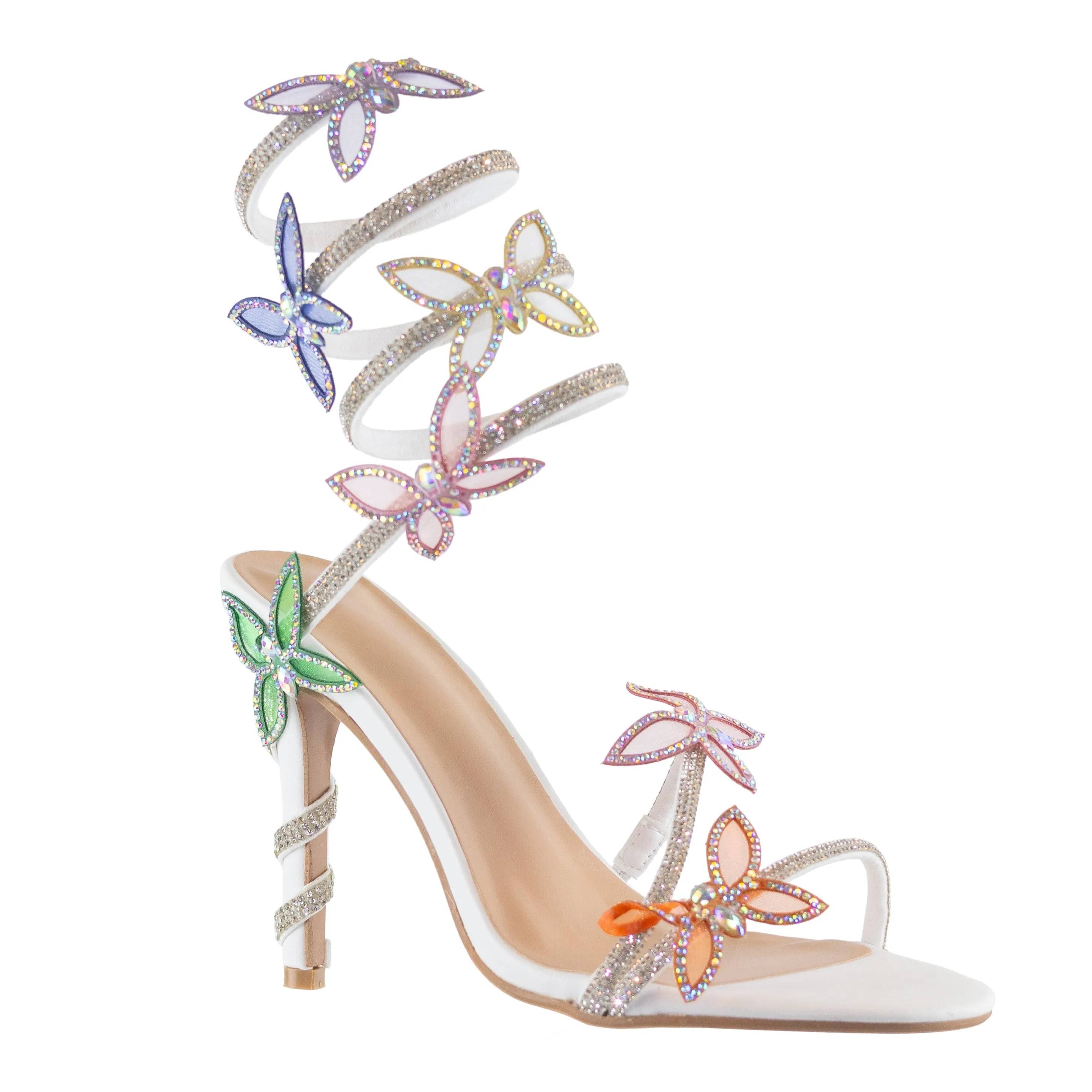 Game - Open Toe Elegant High Heel Sandals, Adjustable Spiral Coil Strap, Rhinestone Butterfly Accents, Glamorous Party Footwear, Eye-Catching Design