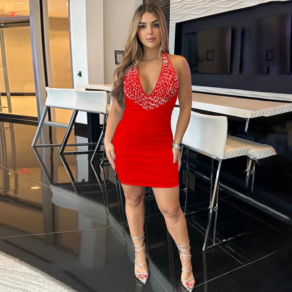 Glamorous V-Neck Halter Beaded Party Bodycon Mini Dress