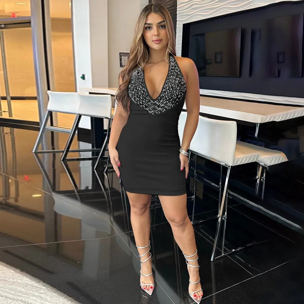 Glamorous V-Neck Halter Beaded Party Bodycon Mini Dress