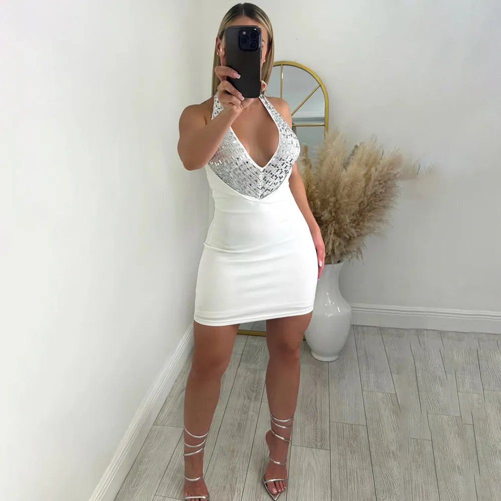 Glamorous V-Neck Halter Beaded Party Bodycon Mini Dress