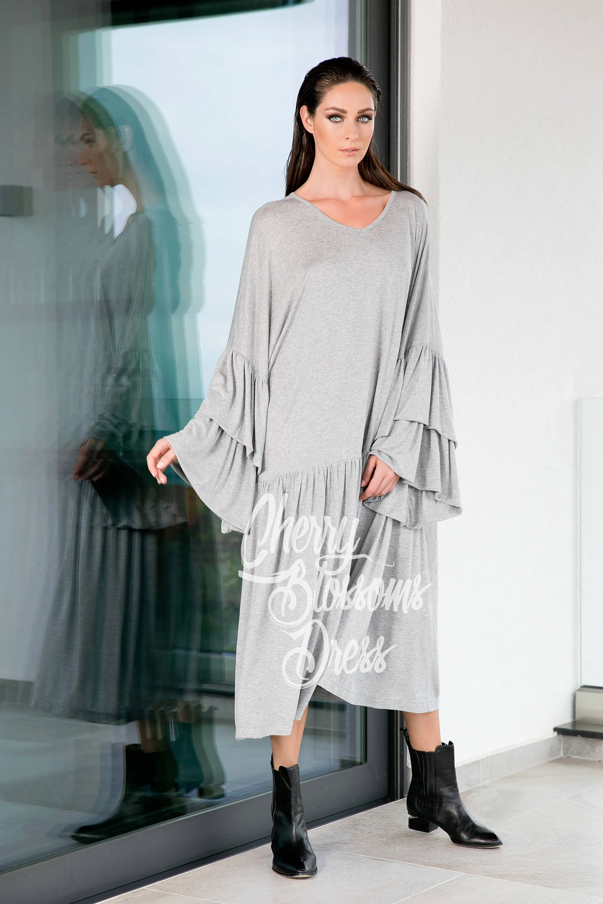 Gray Maxi Dress, Ruffle Dress, Loose Dress, Kaftan Dress, Plus Size Dress, Oversize Dress, Plus Size Clothing, Long Sleeve Dress,Extravagant
