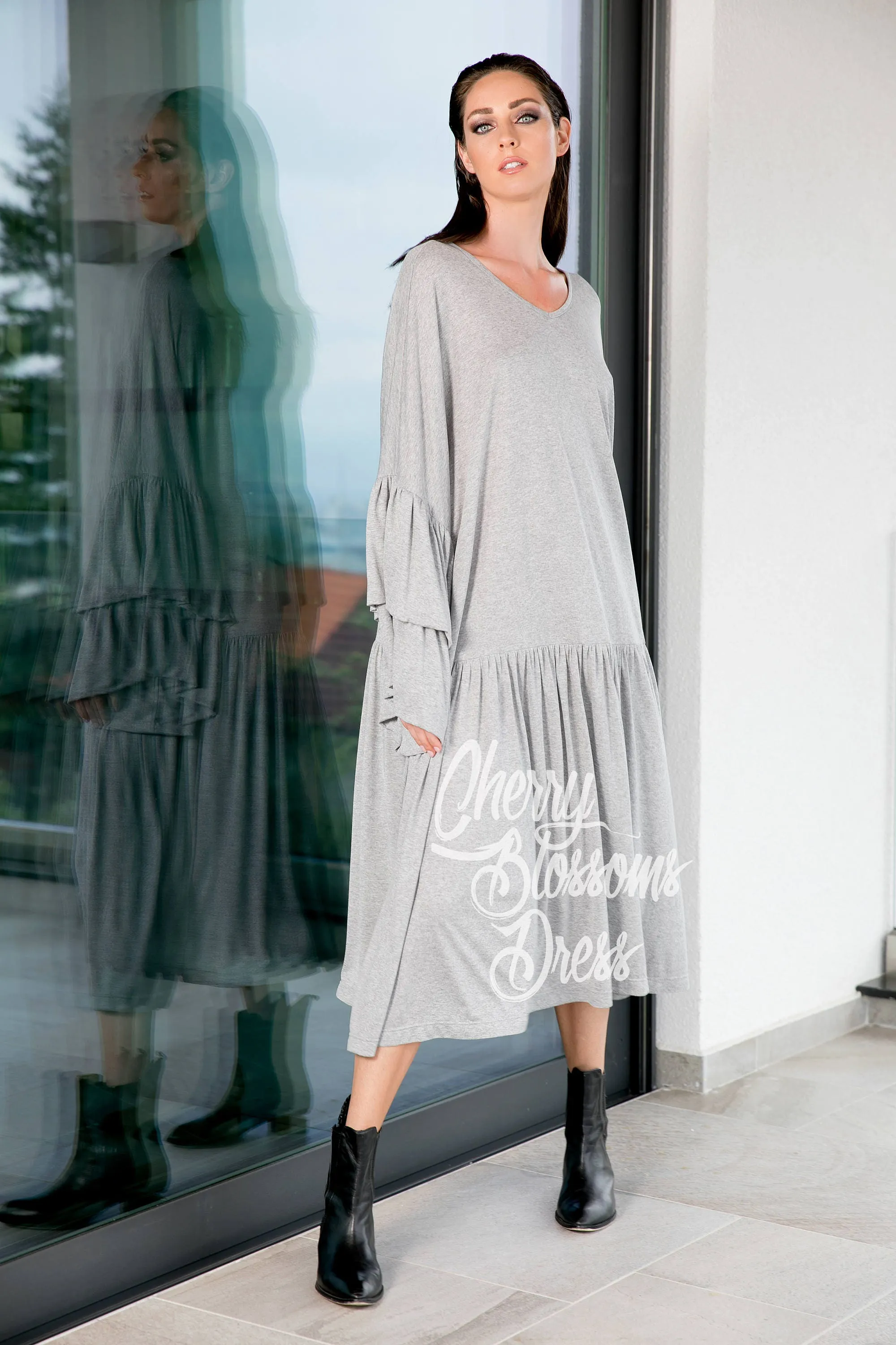 Gray Maxi Dress, Ruffle Dress, Loose Dress, Kaftan Dress, Plus Size Dress, Oversize Dress, Plus Size Clothing, Long Sleeve Dress,Extravagant