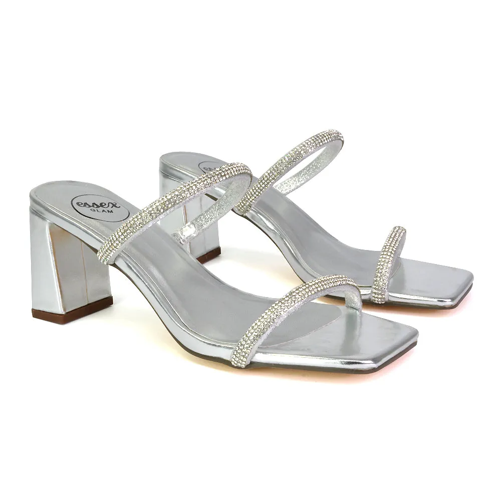 Holden Diamante Strap Square Toe Mid Block Heel Sandal Mules in Black