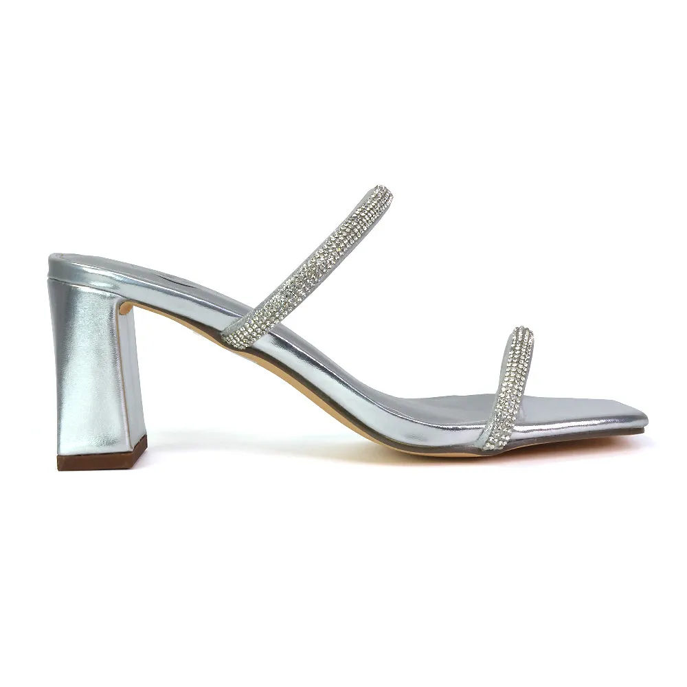 Holden Diamante Strap Square Toe Mid Block Heel Sandal Mules in Black