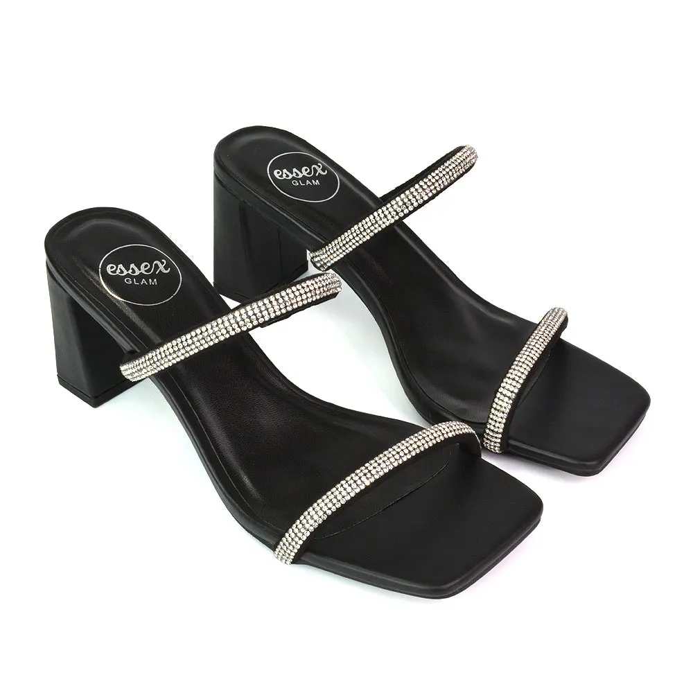 Holden Diamante Strap Square Toe Mid Block Heel Sandal Mules in Black