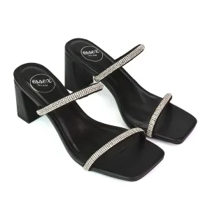 Holden Diamante Strap Square Toe Mid Block Heel Sandal Mules in Black