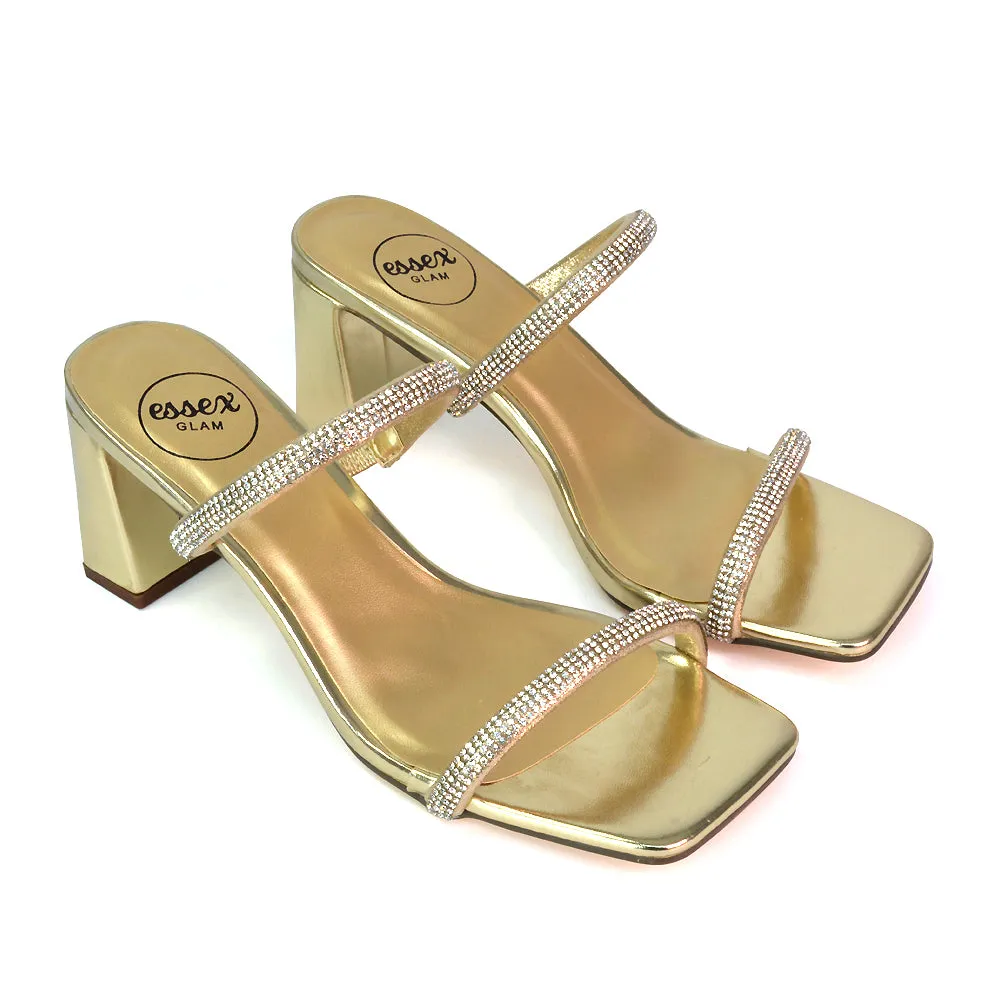 Holden Diamante Strap Square Toe Mid Block Heel Sandal Mules in Black