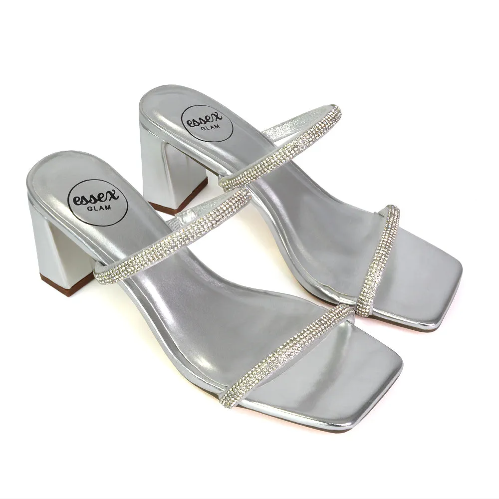 Holden Diamante Strap Square Toe Mid Block Heel Sandal Mules in Black
