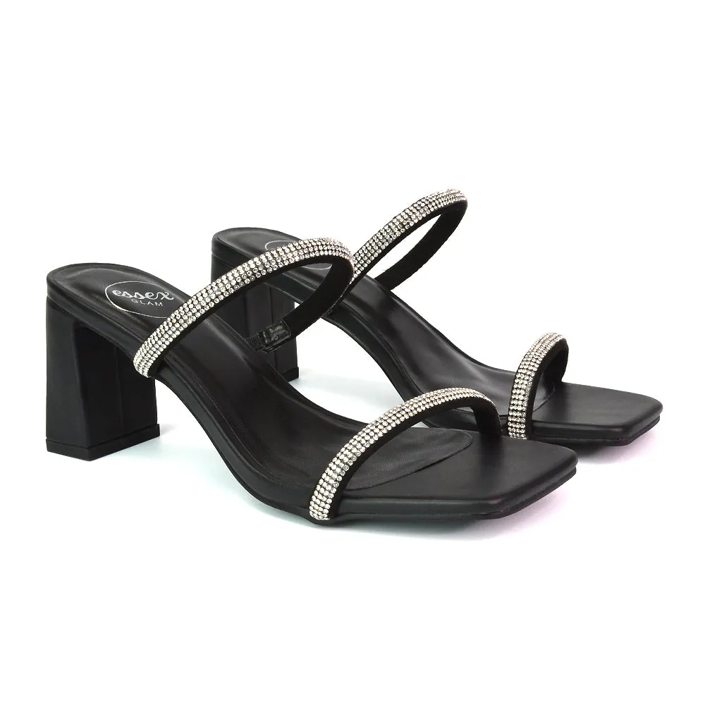 Holden Diamante Strap Square Toe Mid Block Heel Sandal Mules in Black