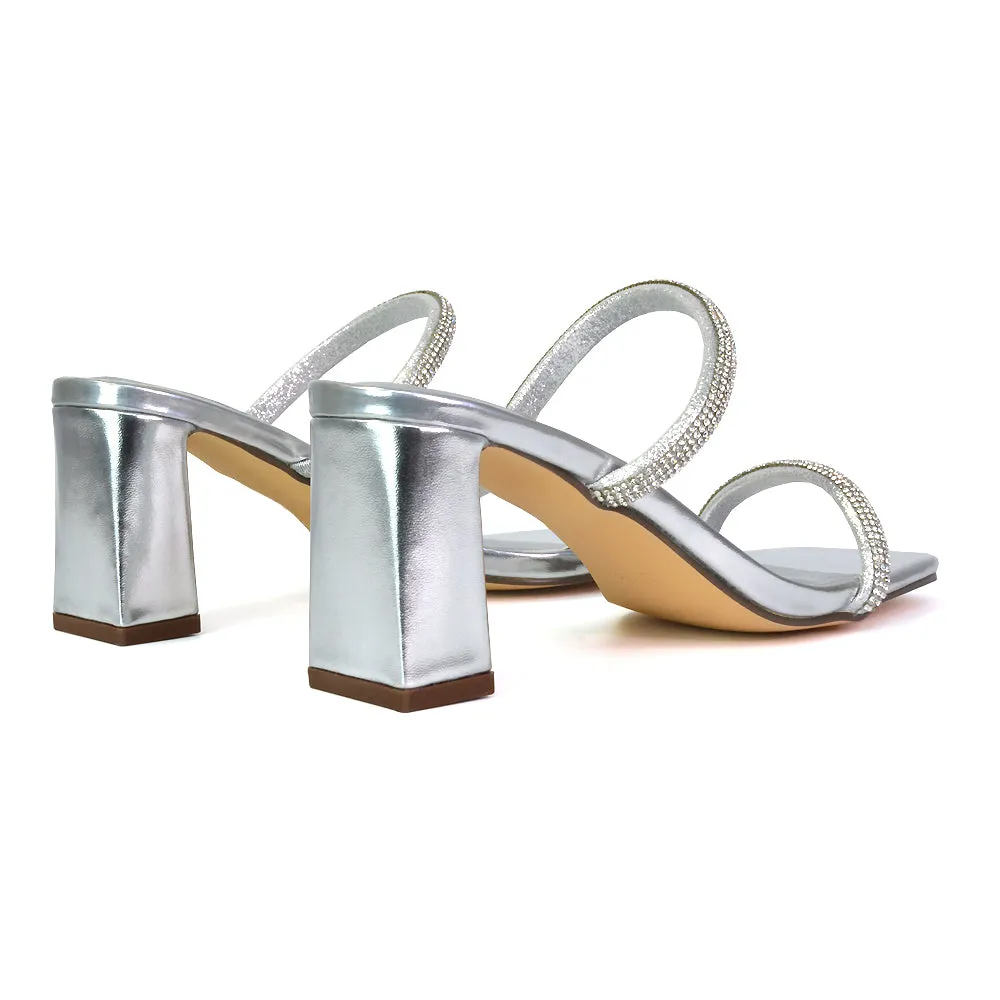 Holden Diamante Strap Square Toe Mid Block Heel Sandal Mules in Black