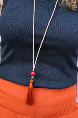 Hot Pink Necklace with Burnt Orange Tassel