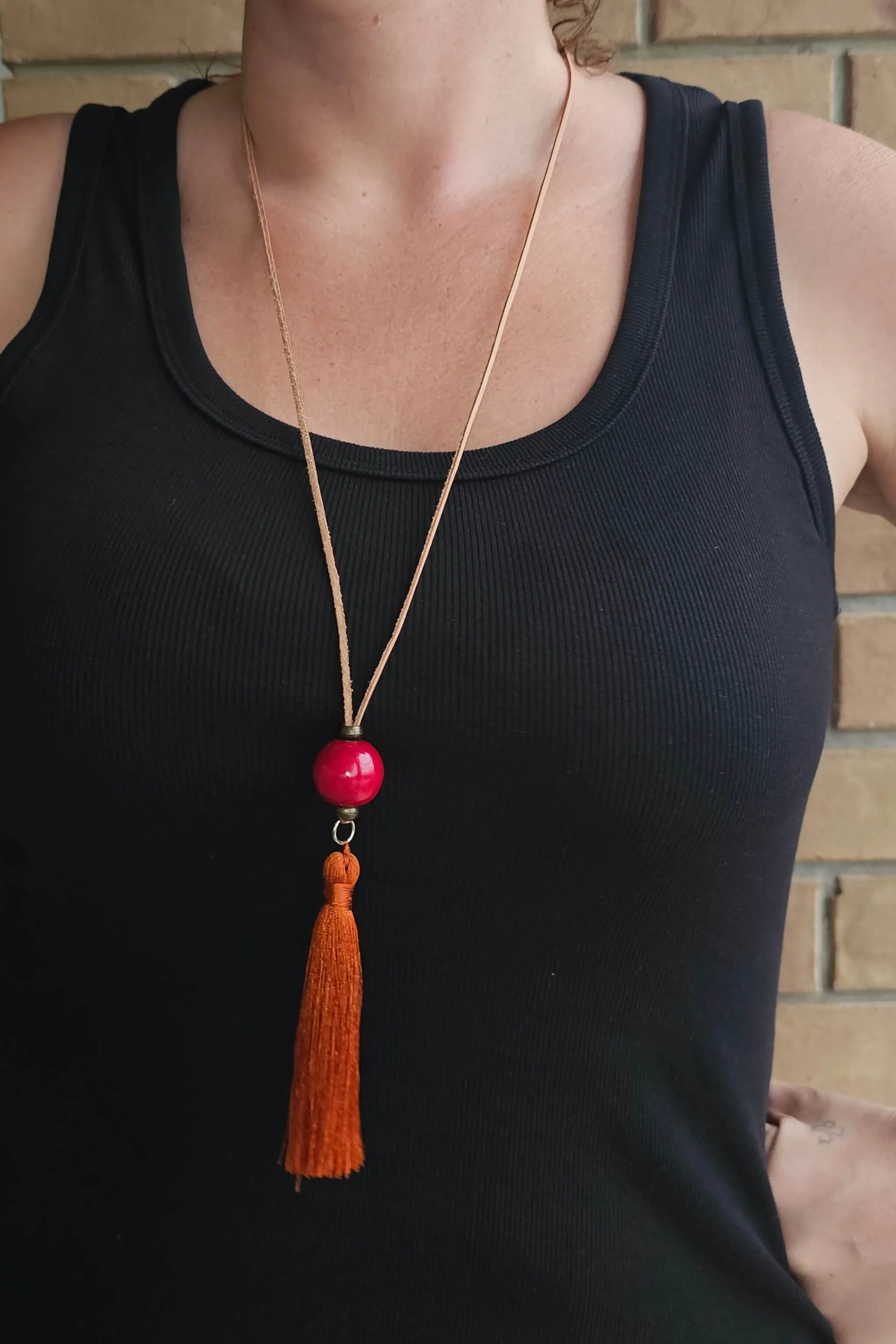 Hot Pink Necklace with Burnt Orange Tassel