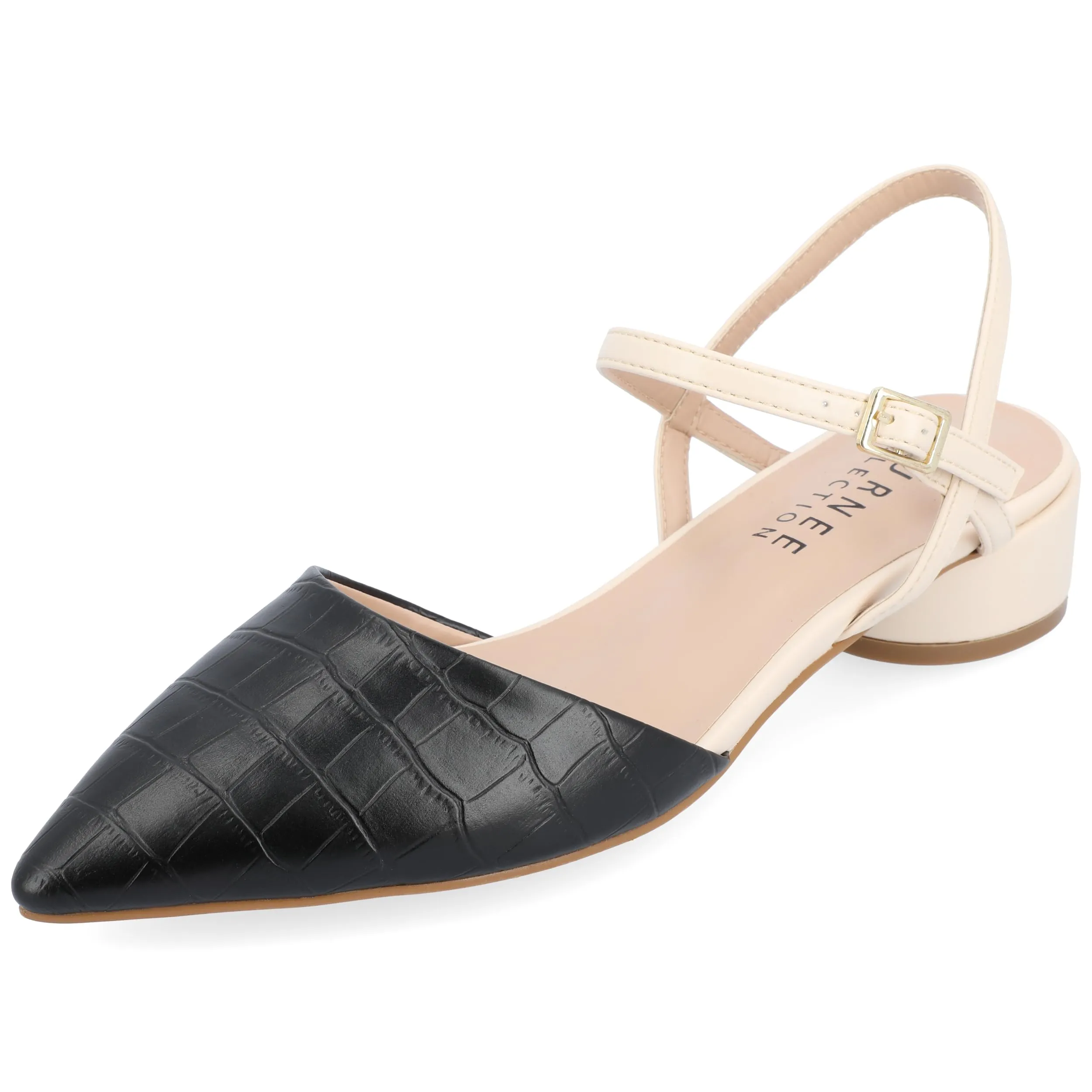 Journee Womens Brynn Croco Vegan Leather Pointed Toe Flats Black