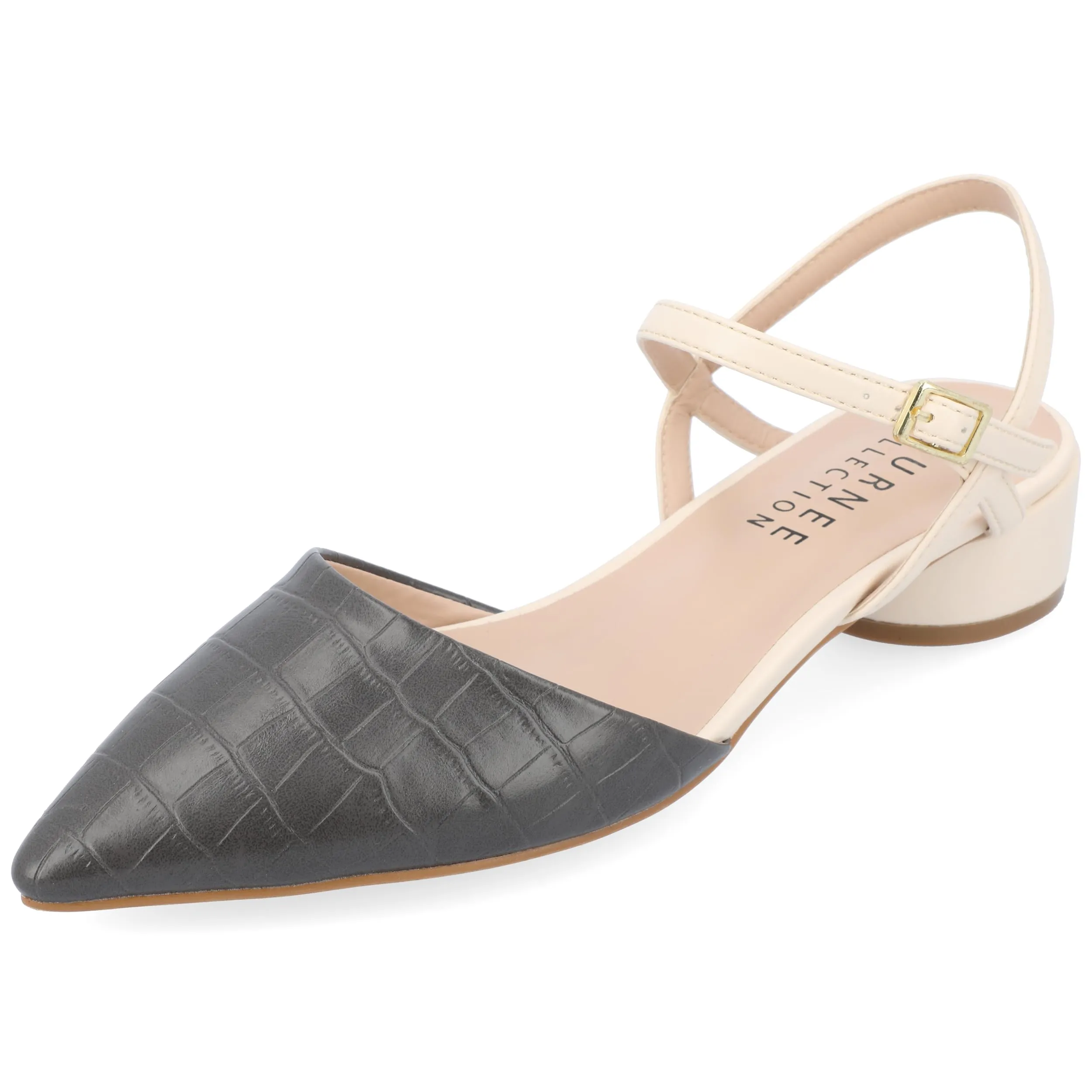 Journee Womens Brynn Croco Vegan Leather Pointed Toe Flats Charcoal