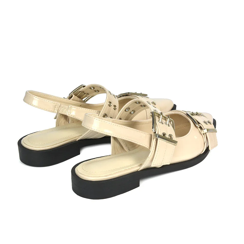 Kendall Buckle Mary Jane Ballet Pumps With Slingback Strap in Black Patent